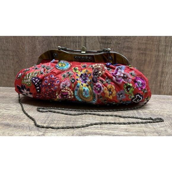 Y2K - Vintage red beaded embroidered purse with top handle and crossbody chain - Picture 3 of 14